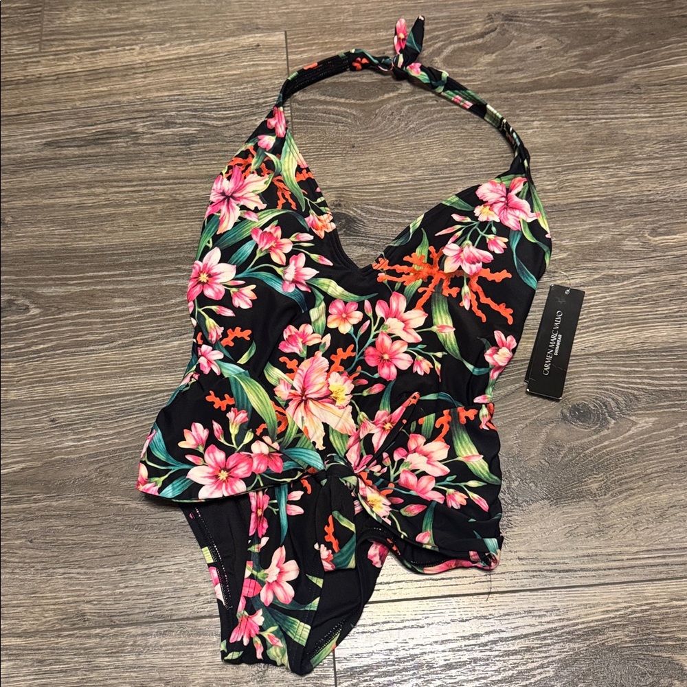 NWT Carmen Marc Valvo Black Floral Halter One-Piece Swimsuit